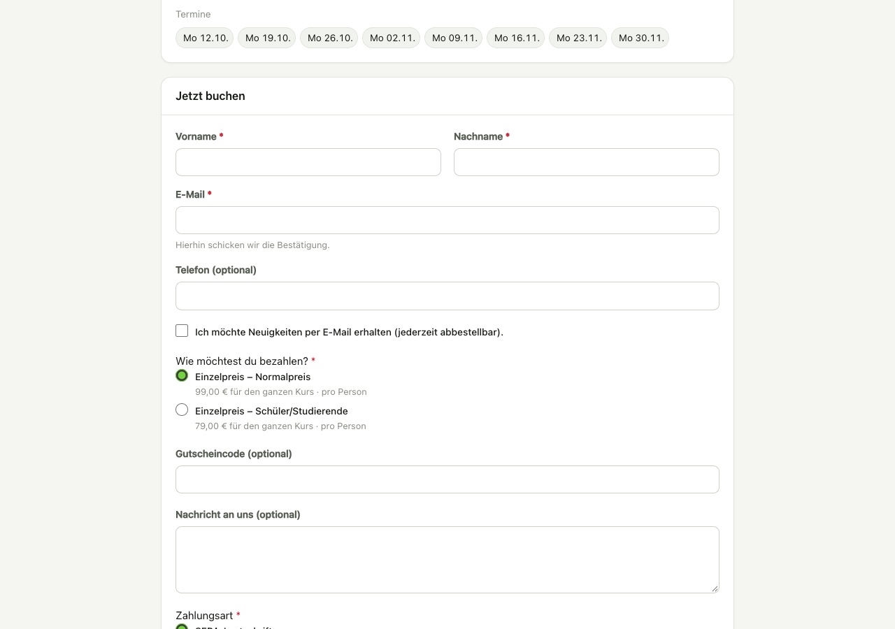 Buchungsformular mit Preiswahl und Zahlungsarten