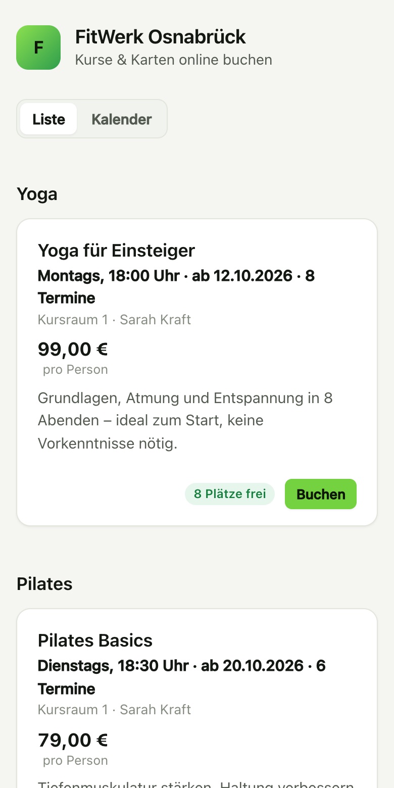 Online-Buchungsseite eines Fitnessstudios auf dem Smartphone